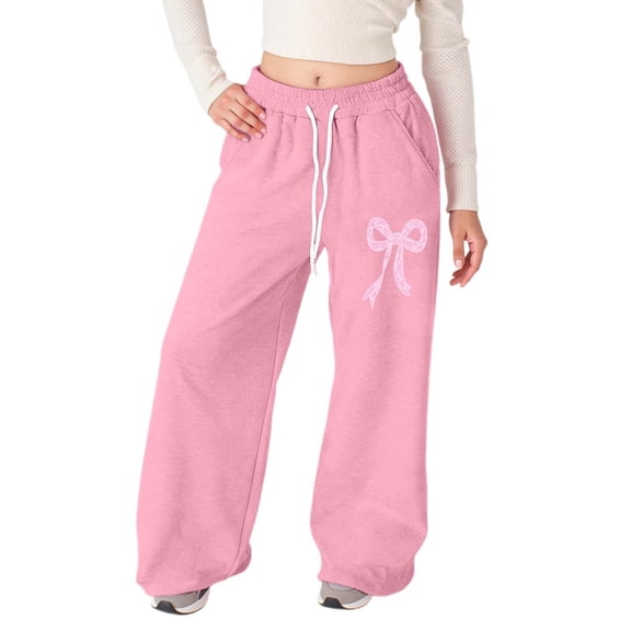 Gelikeya Girls Wide Leg Sweatpants Bowknot Drawstring Elastic Waist Wide Leg Pants Casual Loose Athletic Joggers Valentines Day Gifts, Pink & 8-9 Years