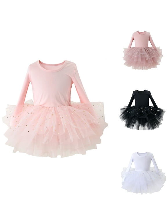 Gymnastics Leotards for Girls Long Sleeves Size 3-10 Toddler Girl Ballet Leotard Tutu Skirt Tutu Dress (A02 White, 3-4 Years)