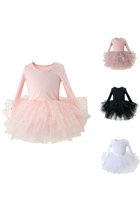 Gymnastics Leotards for Girls Long Sleeves Size 3-10 Toddler Girl Ballet Leotard Tutu Skirt Tutu Dress (A02 White, 3-4 Years)