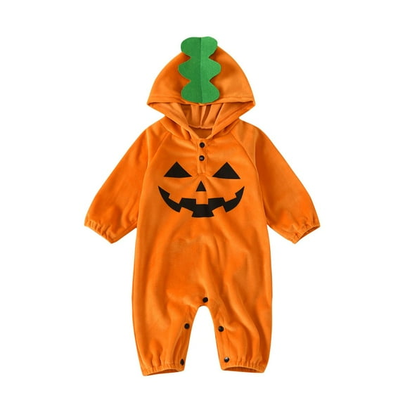 Gelikeya Halloween Baby Clothes Boys Girls Bodysuit Long Sleeve Hooded Toddler Rompers Fashion Cute Design Pumpkin Outfits (Orange, 3-9 Months)