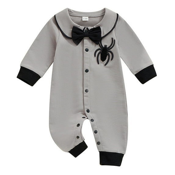 Gelikeya Halloween Baby Clothes Toddler Boys Girls Rompers Long Sleeve Formal Outfits Halloween Design Jumpsuit Bodysuits (Grey, 12-18 Months)