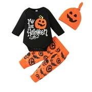 GELIKEYA Halloween Baby Clothes for Boys Long Sleeve Rompers Pants Hat 3 Piece Pumpkin Outfits Pajama Sets (#03 Orange, 9-12 Months)