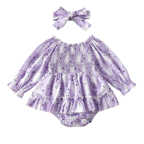 Gelikeya Halloween Baby Clothes for Girls Cute Pumpkin Prin Rompers + Headband 2 Piece Outfits Bodysuit (Purple, 6-12 Months)