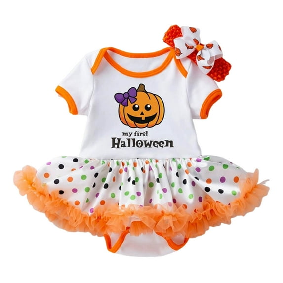 Gelikeya Halloween Baby Clothes for Girls Pumpkin Print Outfits Short Sleeve Tutu Dress Headband 2pcs Rompers Jumpsuit (Gold, 12-24 Months)
