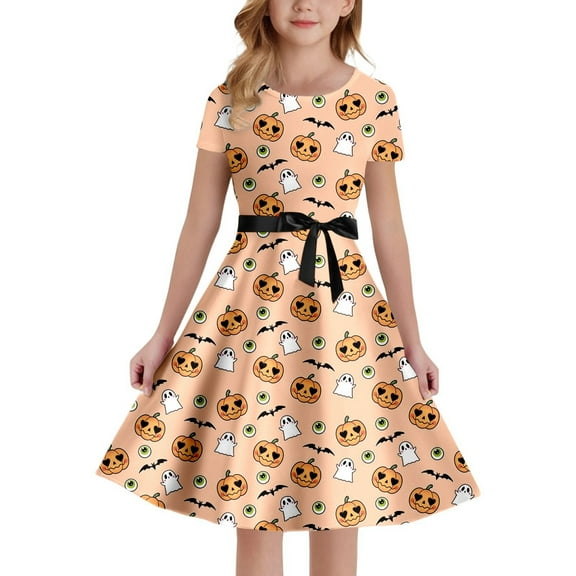 Gelikeya Halloween Dresses for Girls Size 5-14 Cartoon Bat/Pumpkin/Cat Prints Short Sleeve O Neck Dress
