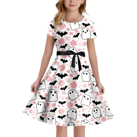 Gelikeya Halloween Dresses for Girls Size 5-14 Cartoon Bat/Pumpkin/Cat Prints Short Sleeve O Neck Dress