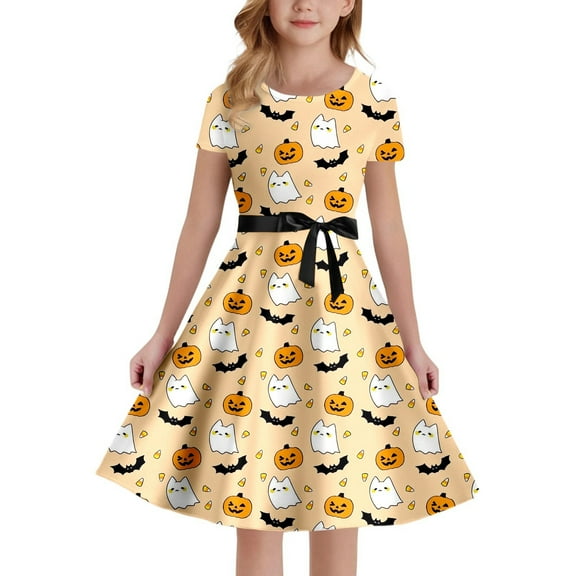 Gelikeya Halloween Dresses for Girls Size 5-14 Cartoon Bat/Pumpkin/Cat Prints Short Sleeve O Neck Dress