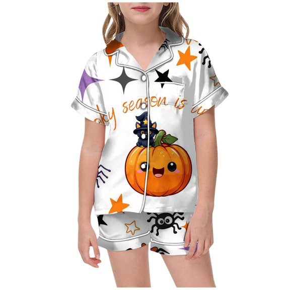 Gelikeya Halloween Girls Pajamas Size 10-11 Short Sleeve Shirts Shorts 2 Piece Outfits Children Clothes (#11 Grey, 10-11 Years）