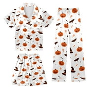 GELIKEYA Halloween Girls Pajamas Size 10-12 Halloween Printing 3 Piece Short Sleeve Button Shirts Shorts and Pants Sets (White, 6-7 Years)