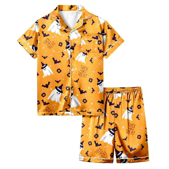Gelikeya Halloween Pajama Sets for Girls Size 10-12 Short Sleeves Collared T Shirts Shorts 2 Piece Outfits Halloween Nightwear Kids Clothes 2-13Y (X03 Yellow, 10-11 Years)