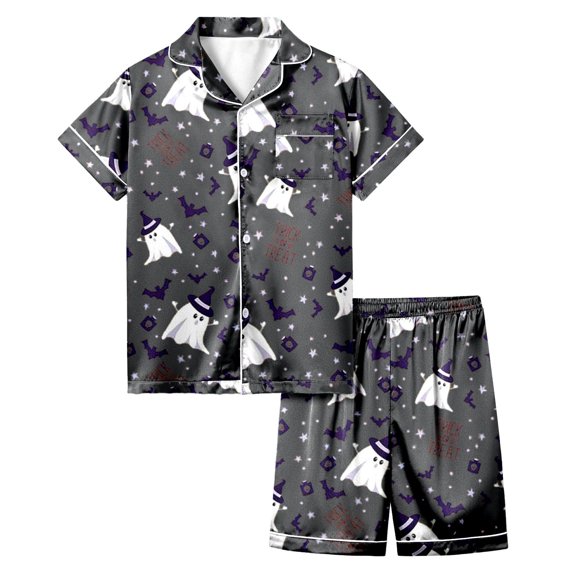 Gelikeya Halloween Pajama Sets for Girls Size 8-9 Short Sleeves Collared T Shirts Shorts 2 Piece Outfits Halloween Nightwear Kids Clothes 2-13Y (X03 Grey, 8-9 Years)