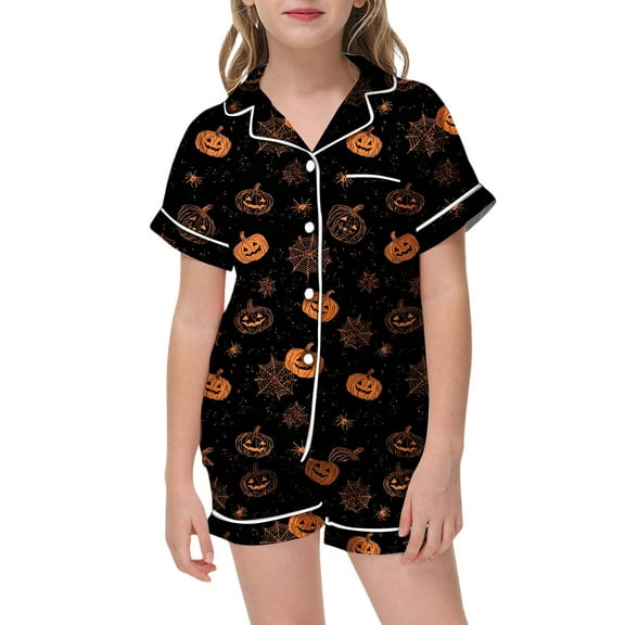 Gelikeya Halloween Pajama Sets for Kids Boys Size 7-8 Relaxed Fit, Satin Pajamas Cute Graphic Child Clothes, Black, 10-11 Years