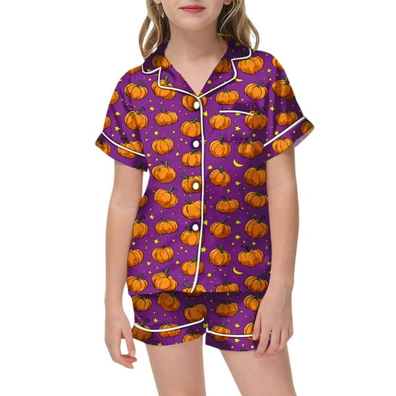 Gelikeya Halloween Pjs Outfits for Teen Boys Size 6 Relaxed Fit, Satin Pajamas Round Neck Child Clothes, Purple, 4-5 Years
