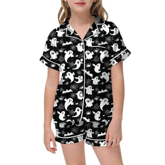 Gelikeya Halloween Pjs Outfits for Tween Boys Size 8 Loose Fit, Satin Pajamas Short Sleeve Girls' Fashion, Black, 8-9 Years