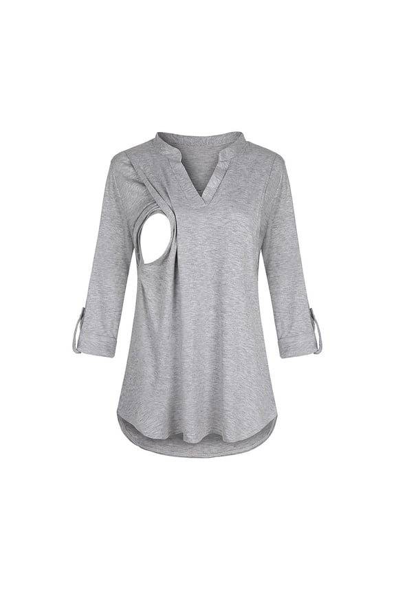 Hidden Nursing Tops for Breastfeeding Women Double Layer V Neck Maternity Shirts Postpartum Tee Soft Comfortable Grey, Size L