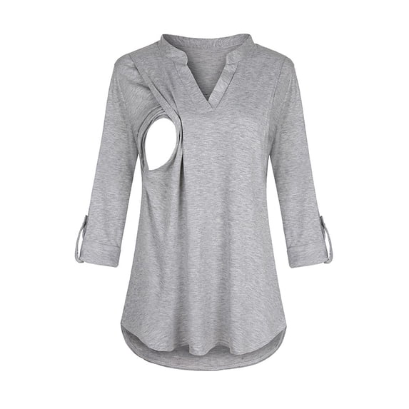Gelikeya Hidden Nursing Tops for Breastfeeding Women Double Layer V Neck Maternity Shirts Postpartum Tee Soft Comfortable Grey, Size S