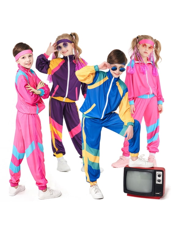 Hop Dance Outfits for Girls Fashion Cool 80s 90s Retro Outfit Sweatshirt Sweatpants with Headband 3 Piece Sets (Purple, 8-10 Years)