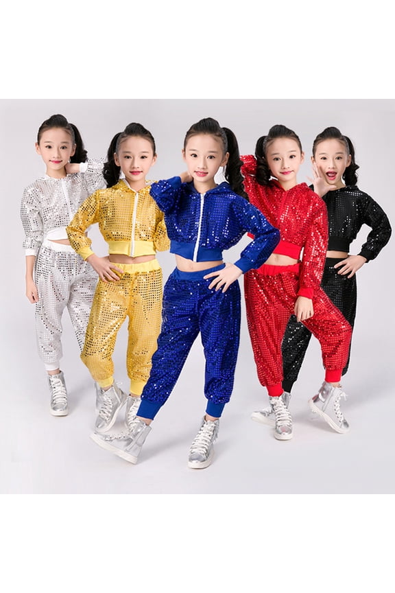 Hop Dance Outfits for Girls Glitter Hooded Tops Pants 2 Piece School Performance Toddler Kids Clothes (Blue, 8-9 Years)