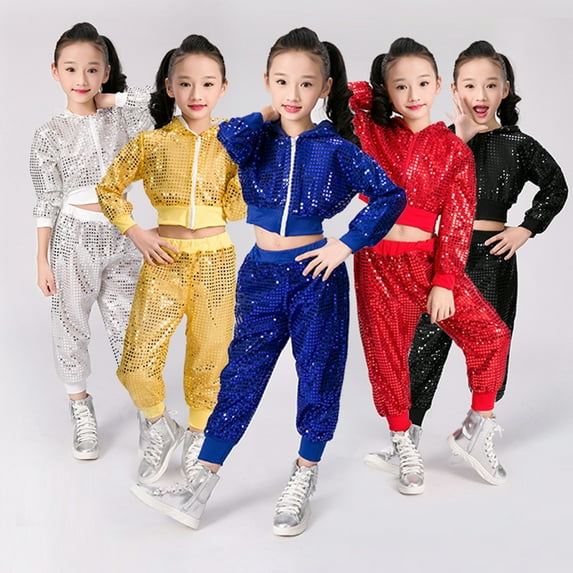 Gelikeya Hop Dance Outfits for Girls Glitter Hooded Tops Pants 2 Piece School Performance Toddler Kids Clothes (Red, 6-7 Years)