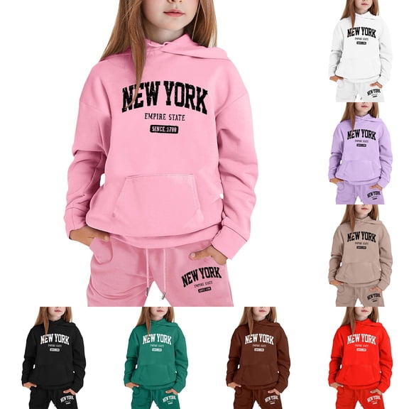 Gelikeya Hoodies for Girls Sweatsuits Letter Print Graphic Hooded Sweatshirt Pant Sets Casual Loose Pullover Sweaters 1-9Y (Khaki, 6-7 Years)