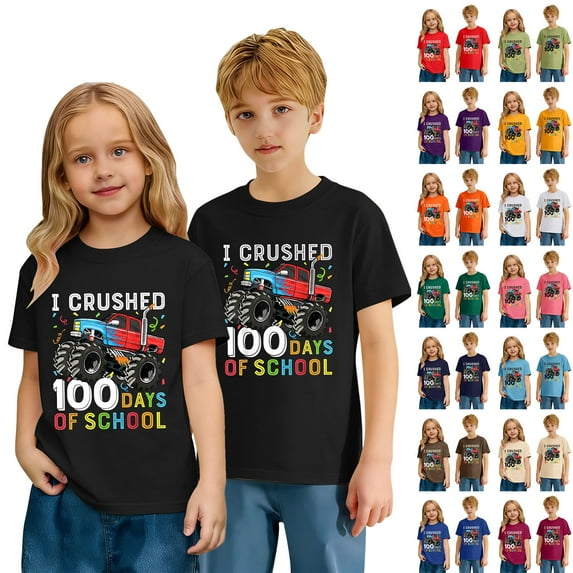 Gelikeya I Crushed 100 Days of School T Shirt Toddler Kids Funny Truck Graphic Tee Short Sleeve Soft Comfortable Tops Summer Wear Beige, 10-11 Years