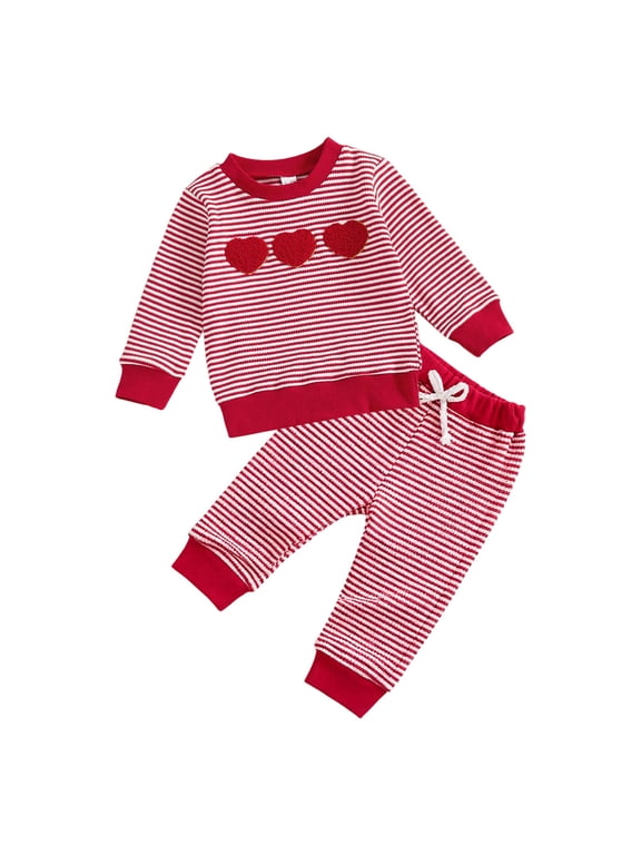 Baby Boy Valentines Day Outfit Toddler 6 12 18 24 Months 2 3 4 T Boys Girl Heart Striped Long Pants Set, Red & 6-12 Months