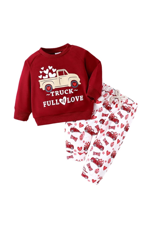 Baby Boy Valentines Day Outfit Toddler 6 12 18 24 Months 2 3 4 T Boys Girl Heart Trucker Long Pants Set, X02 Red & 6-12 Months