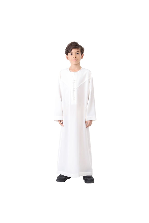 Kids Arabic Thobes for Boys Prayer Thobe Long Sleeve Kaftan Dress Solid Color Clothing Outfit White, 9-10 Years