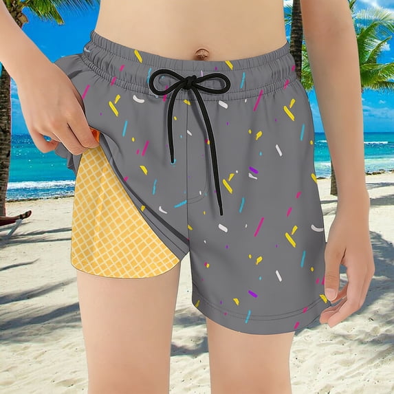 Gelikeya Kids Boys Swim Trunks Size 5-6 with Compression Liner Elastic Waist Bathing Suit Cute Ice Cream Prints Swimming Shorts, Grey