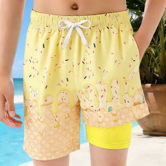 Gelikeya Kids Boys Swim Trunks Size 7-8 Ice Cream Swimming Shorts 2 In 1 Elastic Waist Bathing Suit Summer Holiday Beach Pool Party, Yellow2