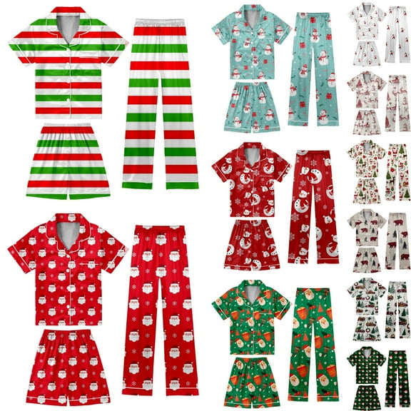 Gelikeya Kids Christmas Pajamas Girls Size 6-7 Christmas Outfits 3 Piece Sets Short Sleeve Tops + Shorts + Pants Sleepwear Loungewear Nightie Gifts (A-Green & 6-7 Years)