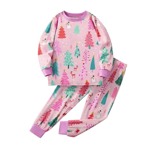 Gelikeya Kids Christmas Pajamas Sets Little Boys Girls Sleepwear Casual Round Neck Long Sleeve Tops Pants 2PC Outfits 2-8Y #02 Pink 5-6 Years