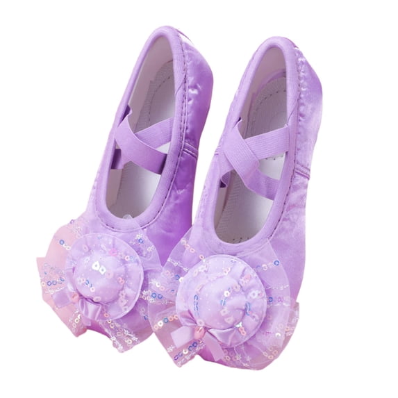 Gelikeya Kids Dance Shoes Girls Cute Mesh Ballet Body Training Cat Slippers Sequin Performance Footwear Ages 2 to 14 Years Purple, Size 12