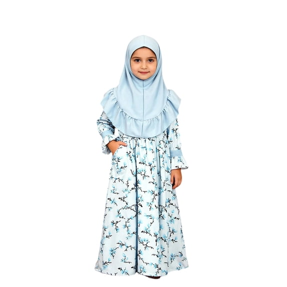 Gelikeya Kids Girls Abaya Long Sleeve Hijab Chiffon Dress Dubai Kaftan with Pockets Arabic Prayer Dress Z02 Blue, 5-6 Years