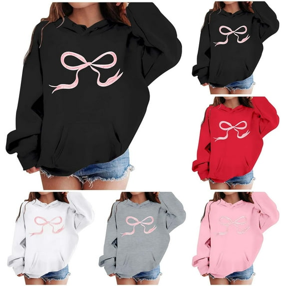 Gelikeya Kids Girls Hoodies Size 10-12 Y2k Cute Bowknot Graphic Oversized Pullover Tops (Red, 6-8 Years)