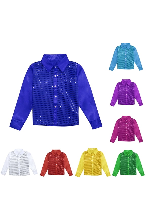 Kids Girls Sparkly Sequins Dance Top Boys Long Sleeve Button Down Shirt for Jazz Dance Long Sleeve Tee Shirts, Blue & 7-8 Years