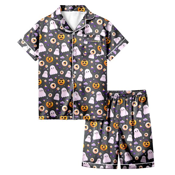 Gelikeya Kids Halloween Pajama Sets for Girls Size 6-7 Short Sleeves Collared T Shirts Shorts 2 Piece Outfits Halloween Nightwear Kids Clothes 2-13Y (X02 Grey, 6-7 Years)