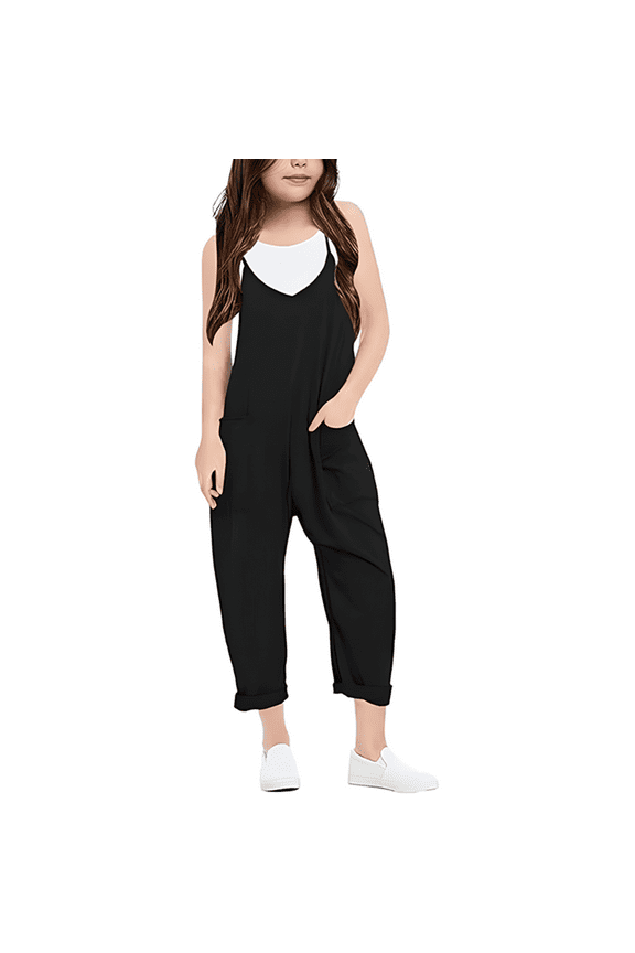 Kids Overalls for Girls Size 11-12 Solid Color Casual Sleevless Jumpsuits Back to School Clothes (Tweens, Black)