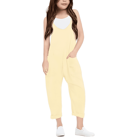 Gelikeya Kids Overalls for Girls Size 13-14 Solid Color Casual Sleevless Jumpsuits Back to School Clothes (Teens, Beige)