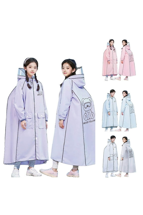 Kids Rain Poncho Hooded Raincoat Boys Girls 10-16 Years Cartoon Bear Waterproof Reusable Outdoor Rain Wear (Light Pink, 14-16 Years)