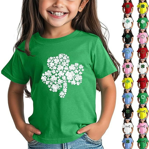 Gelikeya Kids St. Patricks Day Shirt Girls Boys Irish Clovers Casual Crewneck Tshirts Back To School Outerwear Summer Clothing #01 Green & 12-13 Years