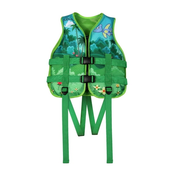 Gelikeya Kids Swim Vest Life Jackets for Toddlers Buoyancy Floaties Adjustable Safety Strap Cartoon Dinosaur Print Swimming Trainer 50-90 lbs Green 2-8 Years
