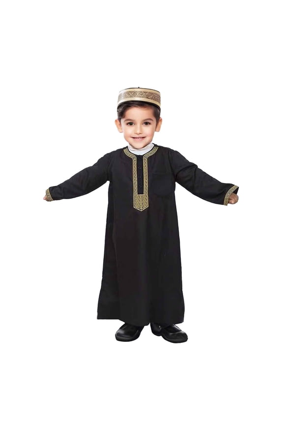 Kids Thobe for Muslim Boys Arab Tobes Long Sleeve Kaftan Embroidered Robe with Pockets Arabic Abaya Clothes Black, 10-11 Years