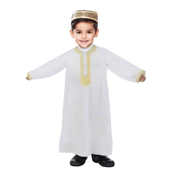 Gelikeya Kids Thobe for Muslim Boys Arab Tobes Long Sleeve Kaftan Embroidered Robe with Pockets Arabic Abaya Clothes White, 2-3 Years