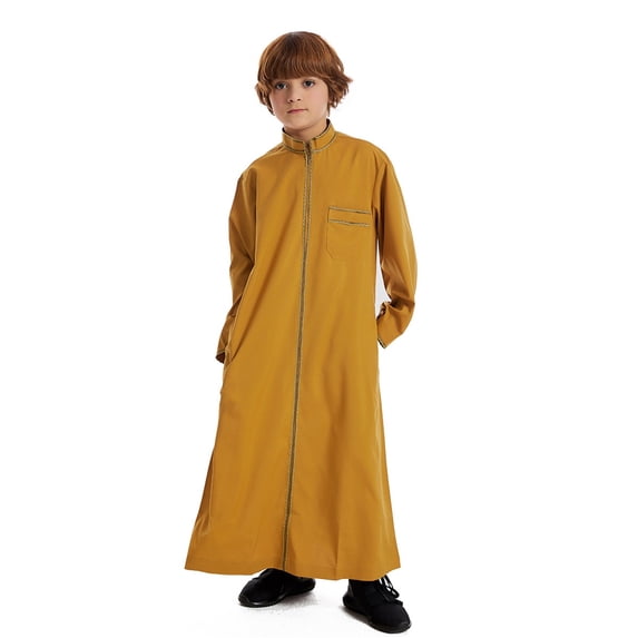 Gelikeya Kids Thobe for Boys Arabic Long Sleeve Kaftan Robe Zipper Prayer Dress for Boys Thobe Eid Outfit Gold, 9-10 Years