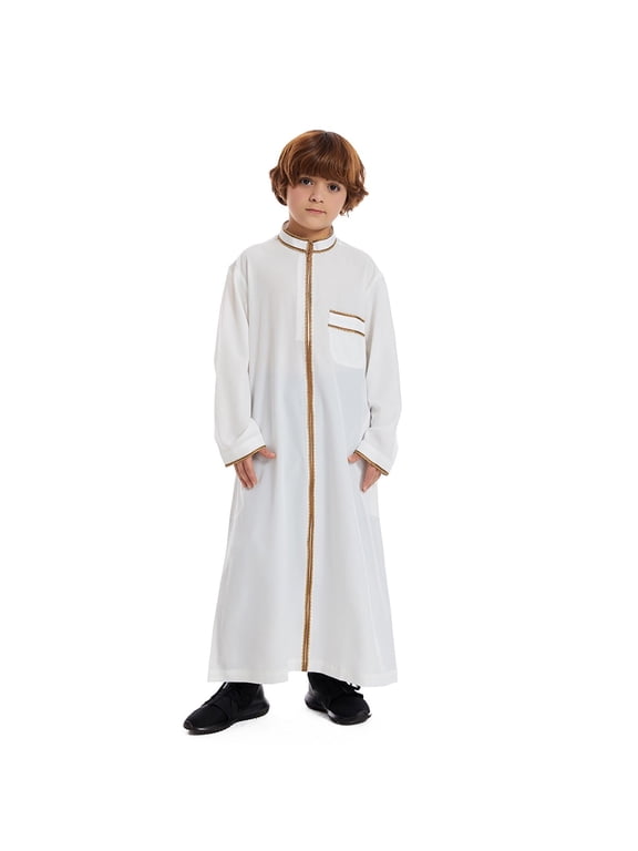 Kids Thobe for Boys Arabic Long Sleeve Kaftan Robe Zipper Prayer Dress for Boys Thobe Eid Outfit White, 11-12 Years