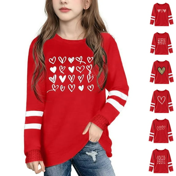 Gelikeya Kids Valentine Shirt Girls Valentine's Day Sweatshirts Cute Heart Grpahic Color Block Long Sleeve Tee Tops 2-9Y & 5-6 Years