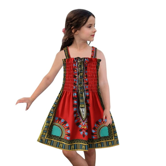 Gelikeya Little Girl’ African Print Dress Sleeveless Dashiki Dress Princess Style Comfortable Cotton Summer Fun for Ages 6M-3Y, Size 12-18, Red