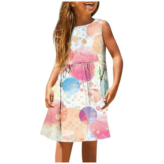 Gelikeya Little Girls Summer Dresses Cute Rainbow Printed Fashion Sleeveless Design Casual Round Neck Princess Dress, Size 11-12 , Blue