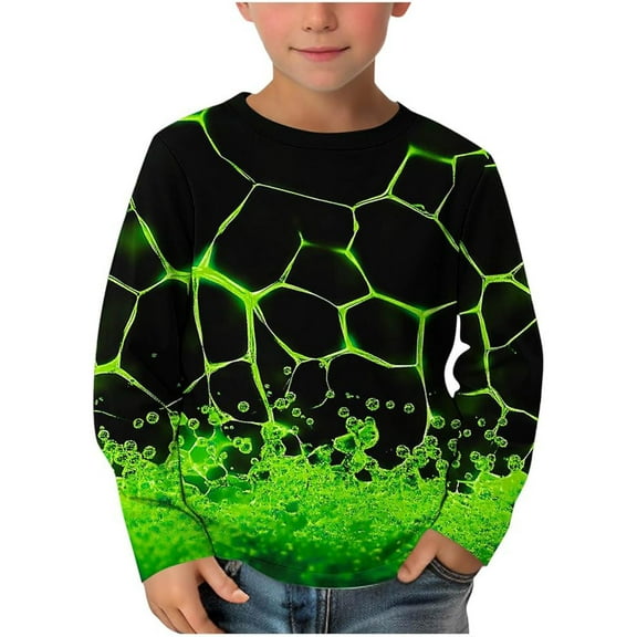 Gelikeya Long Sleeve Shirts for Kids Loose Fit Crew Neck Pullover Tops for Boys Girls Cute Novelty Fashion 3D Graphic Tee #05 Green 3-4 Years